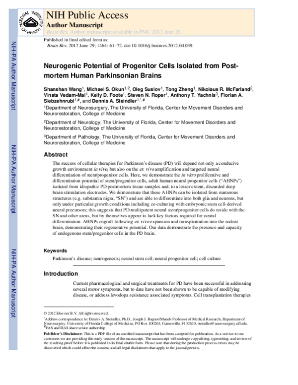 (PDF) Neurogenic potential of progenitor cells isolated from postmortem ...