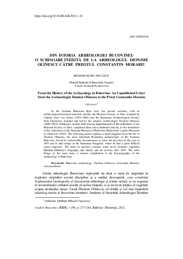 Din istoria arheologiei Bucovinei: o scrisoare inedită de la arheologul Dionisie Olinescu către preotul Constantin Morariu