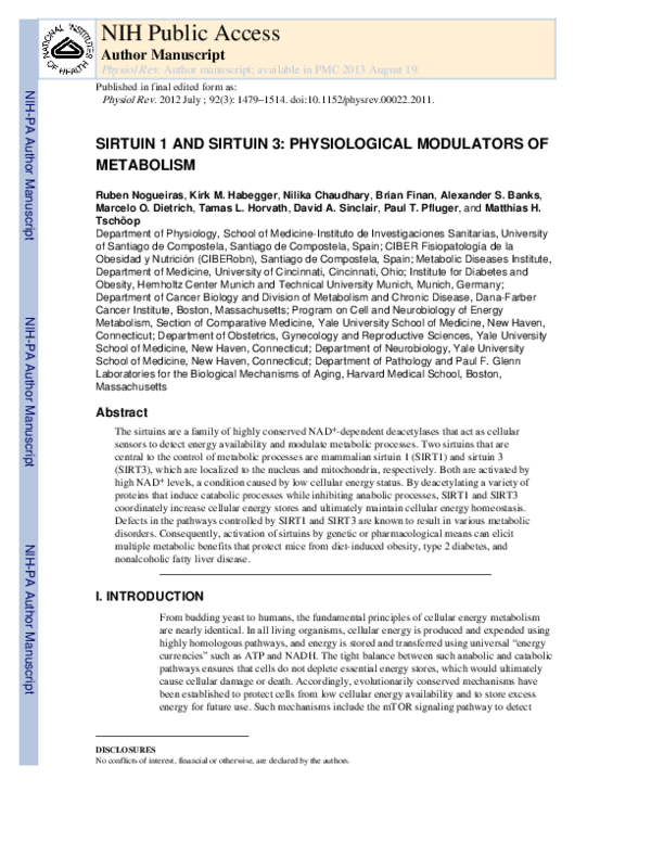 (PDF) Sirtuin 1 and Sirtuin 3: Physiological Modulators of Metabolism