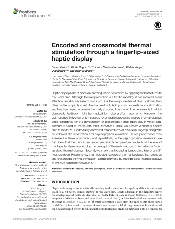 (PDF) Encoded and Crossmodal Thermal Stimulation through a Fingertip ...