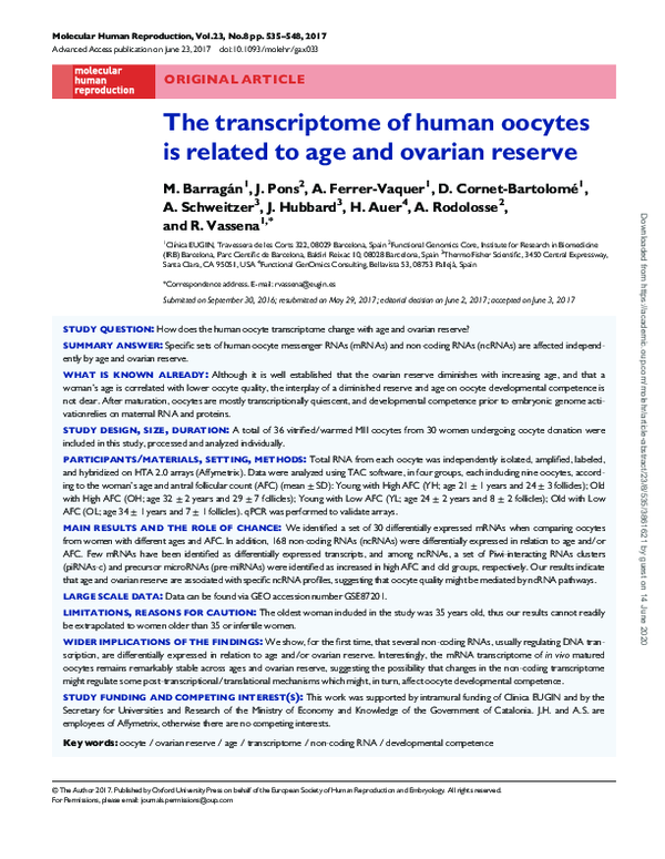 (PDF) The transcriptome of human oocytes is related to age and ovarian ...