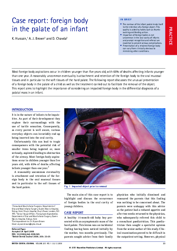 (PDF) Case report: foreign body in the palate of an infant