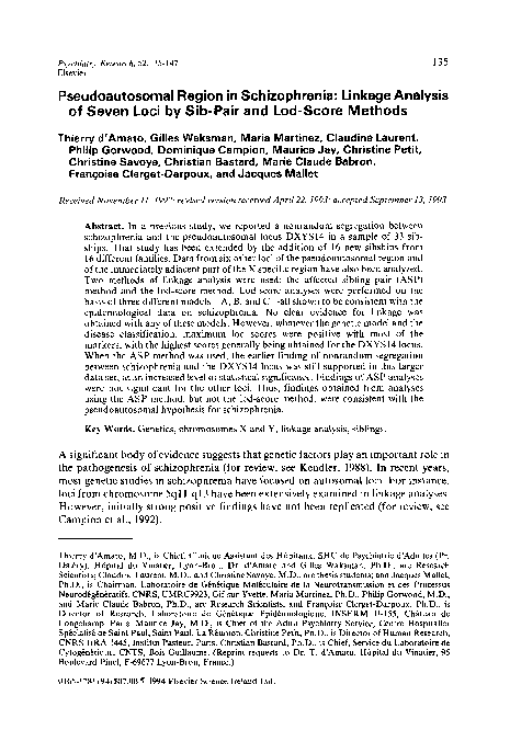 (PDF) Pseudoautosomal region in schizophrenia: Linkage analysis of ...