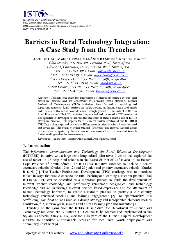 (PDF) Barriers in rural technology integration: A case study from the ...