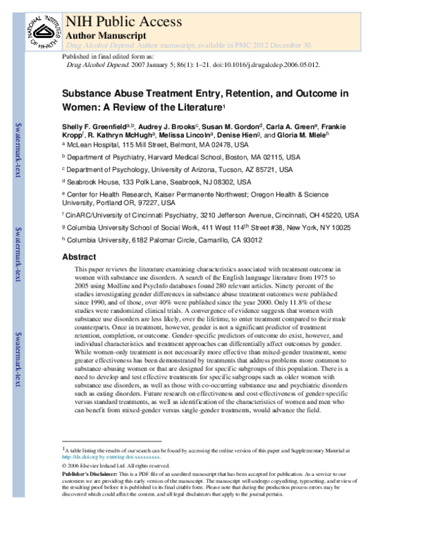 (PDF) Substance abuse treatment entry, retention, and outcome in women ...