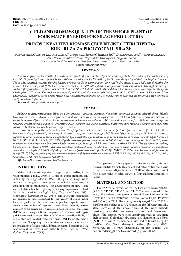 (PDF) Yield and biomass quality of the whole plant of four maize ...