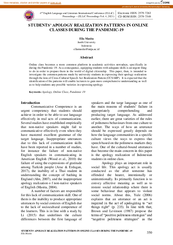 (PDF) Students’ Apology Realization Patterns in Online Classes During ...