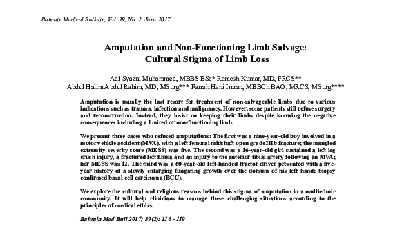 View of (PDF) Amputation and Non-Functioning Limb Salvage : Cultural Stigma of ...