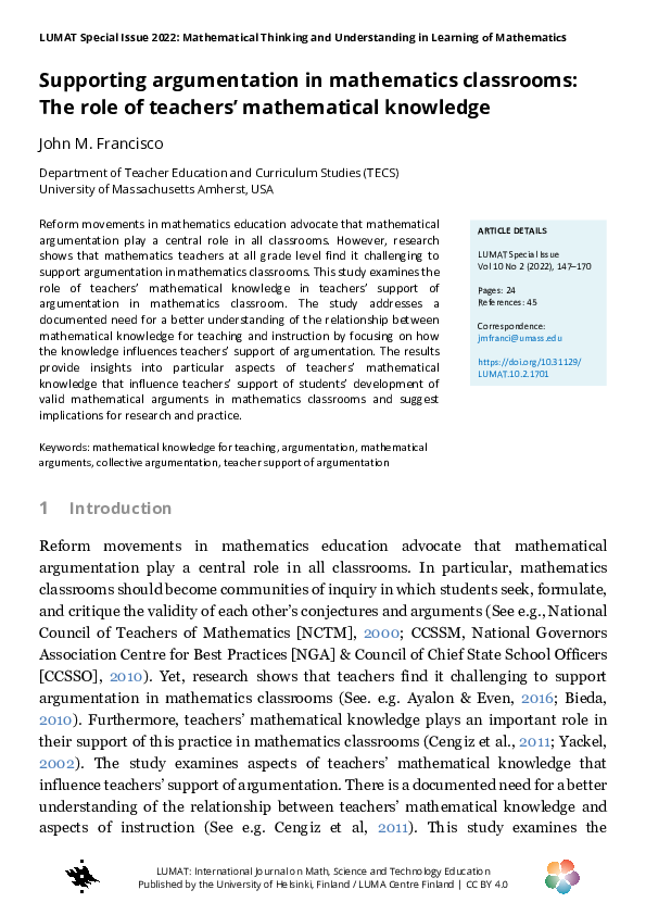 (PDF) Supporting argumentation in mathematics classrooms
