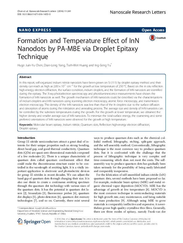 (PDF) Formation and Temperature Effect of InN Nanodots by PA-MBE via ...