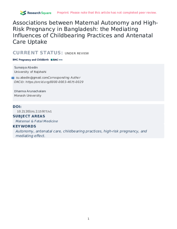 (PDF) Associations between Maternal Autonomy and High-Risk Pregnancy in ...