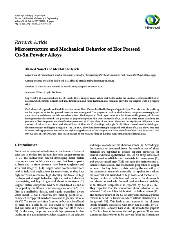 (PDF) Microstructure and Mechanical Behavior of Hot Pressed Cu-Sn ...