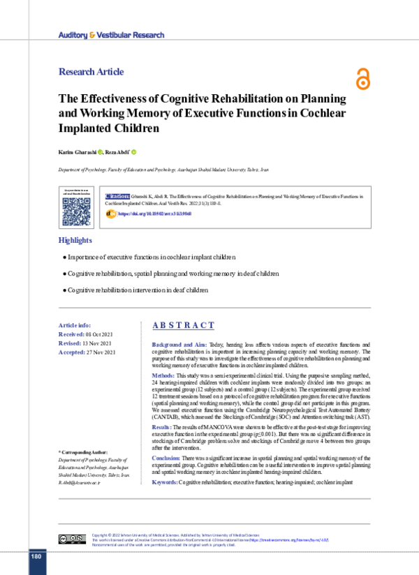 (PDF) The Effectiveness of Cognitive Rehabilitation on Planning and ...
