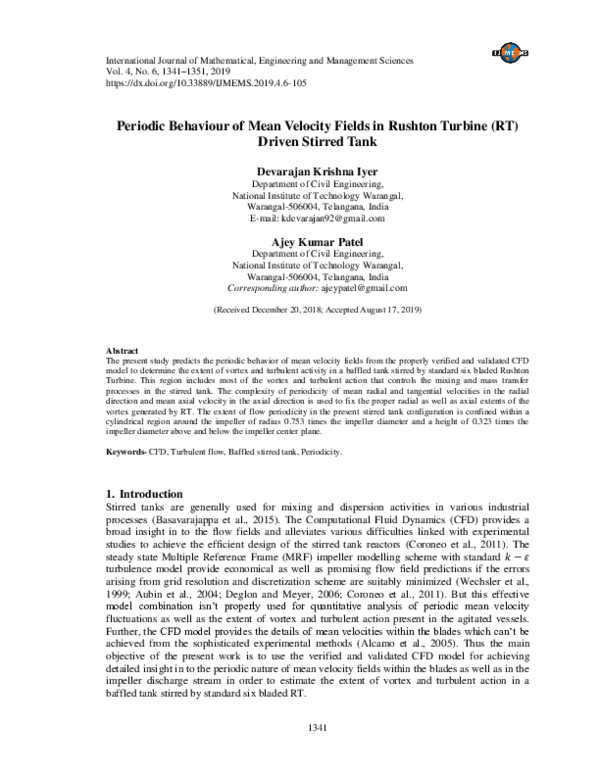 (PDF) Periodic Behaviour of Mean Velocity Fields in Rushton Turbine (RT ...