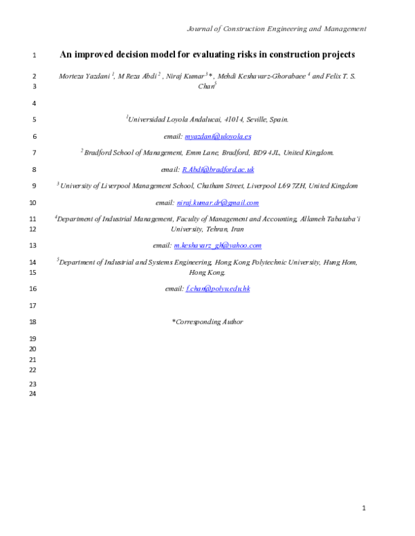(PDF) Improved Decision Model for Evaluating Risks in Construction Projects