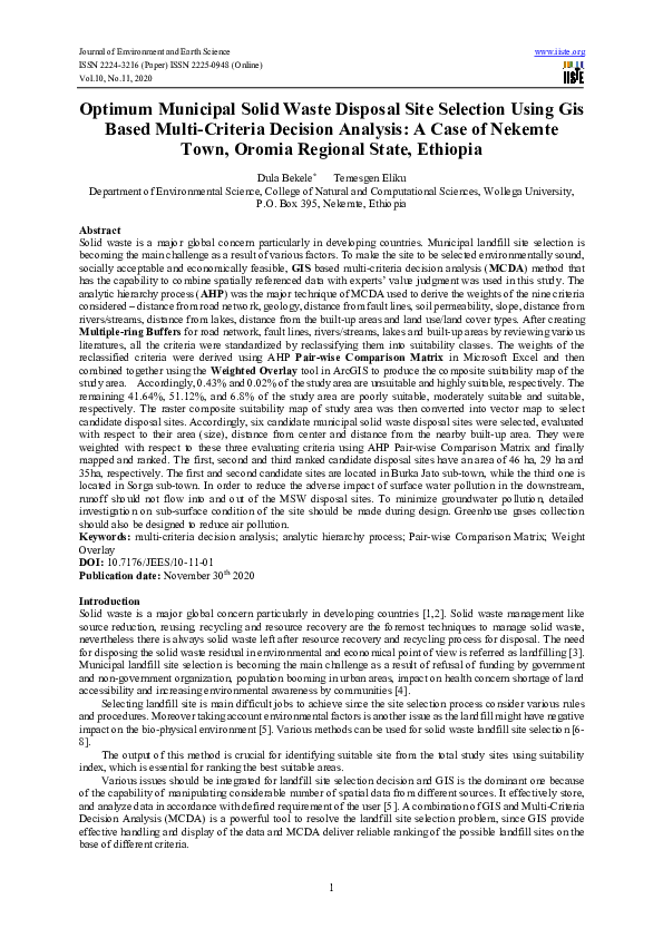 (PDF) Optimum Municipal Solid Waste Disposal Site Selection Using Gis ...