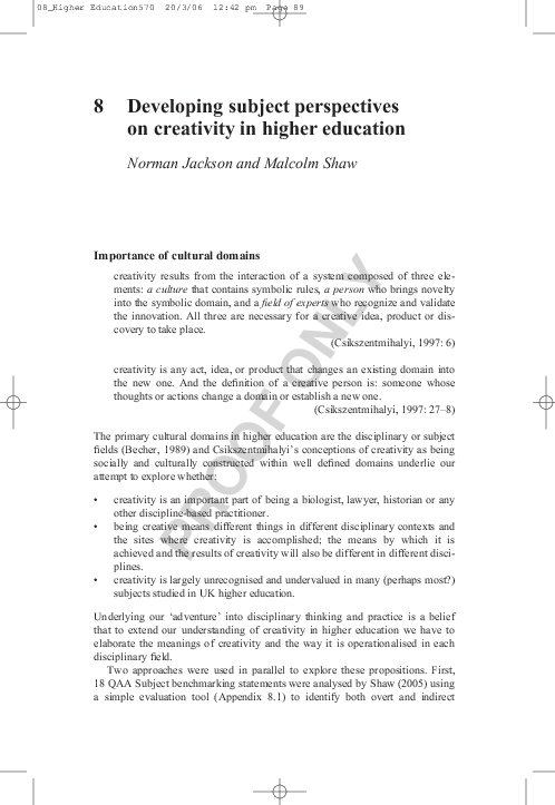 (PDF) Developing subject perspectives on creativity in higher education
