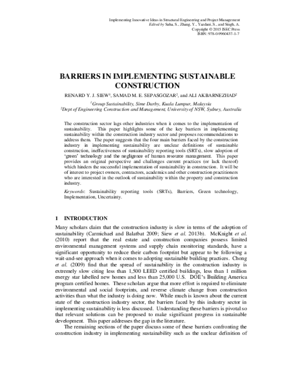 (PDF) Barriers in Implementing Sustainable Construction