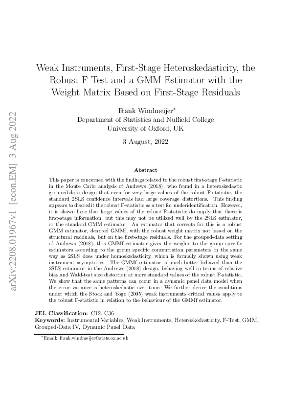 (PDF) Weak Instruments, First-Stage Heteroskedasticity, the Robust F ...