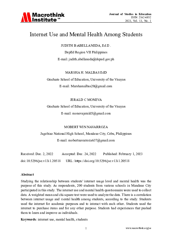 (PDF) Internet Use and Mental Health Among Students