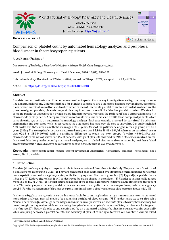 (PDF) Comparison of platelet count by automated hematology analyzer and ...
