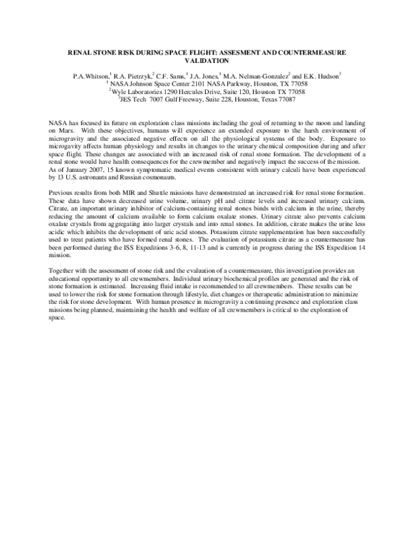 (PDF) Renal stone risk during spaceflight: assessment and ...