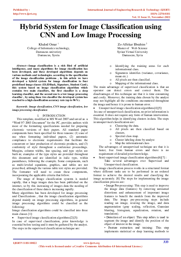 Hybrid System for Image Classification using CNN and Low Image Processing