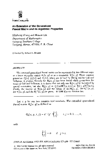 (PDF) An extension of the generalized pascal matrix and its algebraic ...