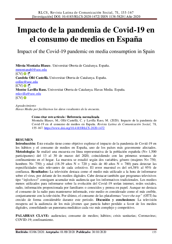 (PDF) Impacto de la pandemia de Covid-19 en el consumo de medios en España