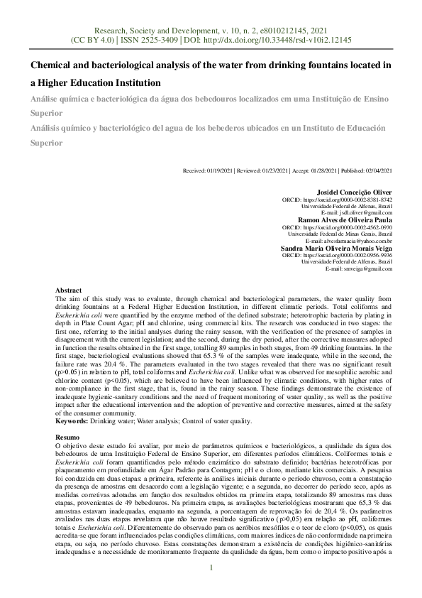 (PDF) Chemical and bacteriological analysis of the water from drinking ...
