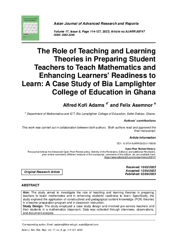 (PDF) The Role of Teaching and Learning Theories in Preparing Student ...