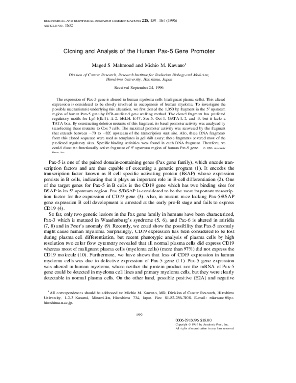 (PDF) Cloning and Analysis of the Human Pax-5 Gene Promoter