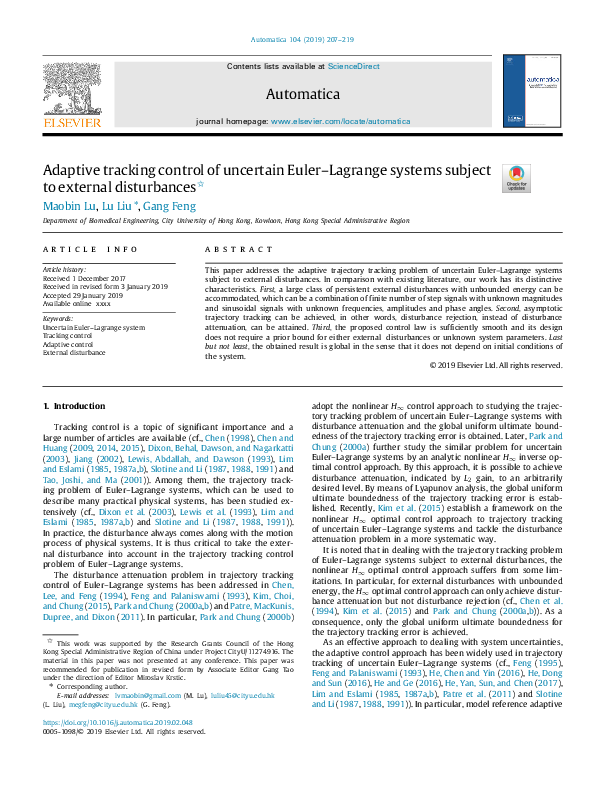 (PDF) Adaptive Tracking Control of Uncertain Euler-Lagrange Systems ...