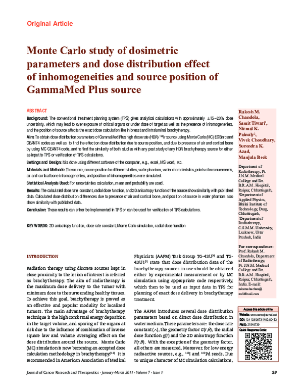 (PDF) Monte Carlo study of dosimetric parameters and dose distribution ...
