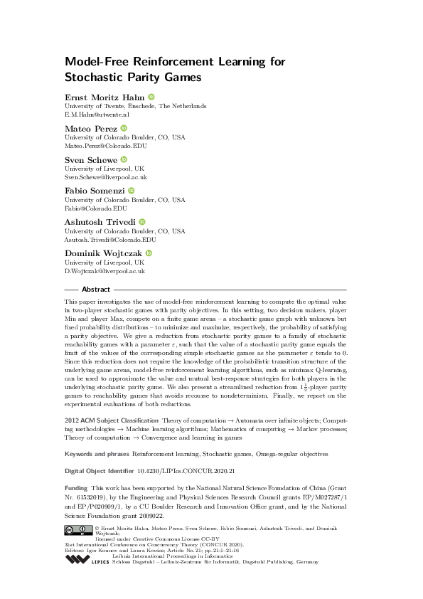 (PDF) Model-Free Reinforcement Learning for Stochastic Parity Games
