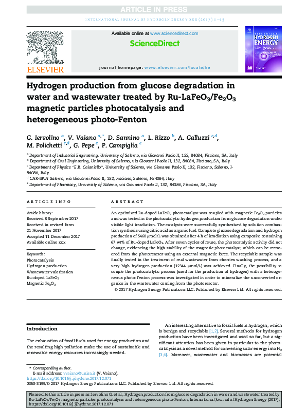 (PDF) Hydrogen production from glucose degradation in water and ...