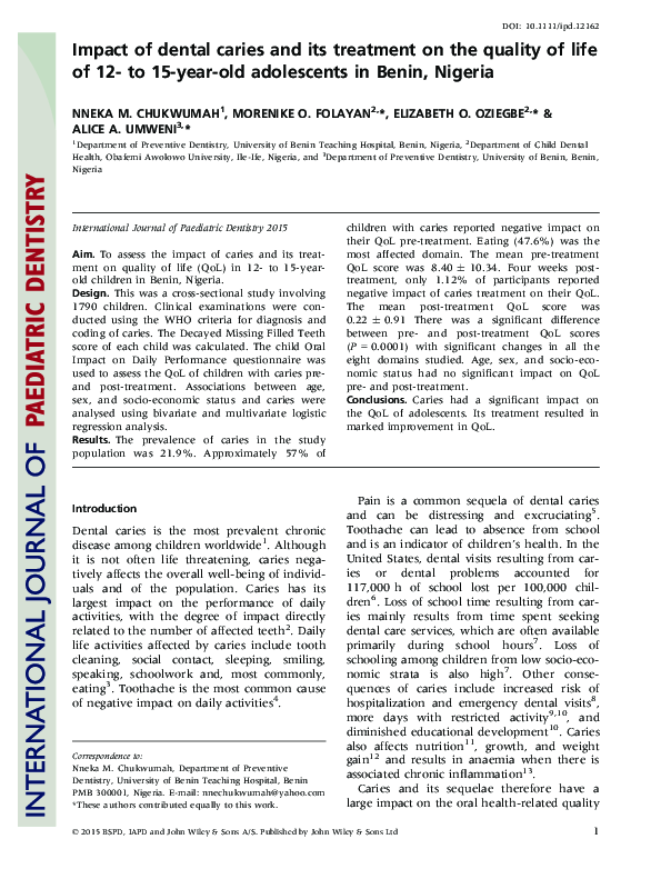 (PDF) Impact of dental caries and its treatment on the quality of life ...
