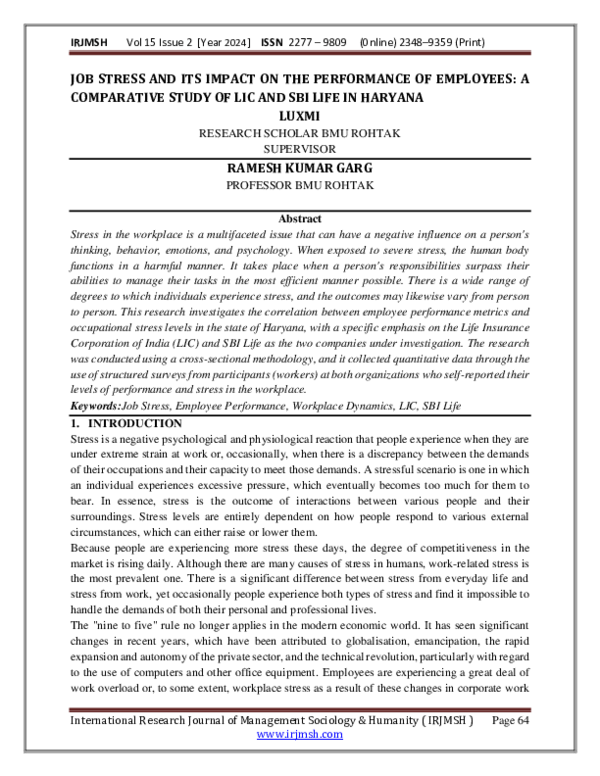 (PDF) JOB STRESS AND ITS IMPACT ON THE PERFORMANCE OF EMPLOYEES: A ...