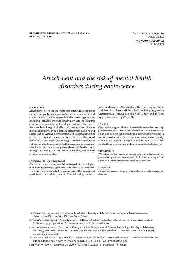 (PDF) Attachment and the risk of mental health disorders during adolescence