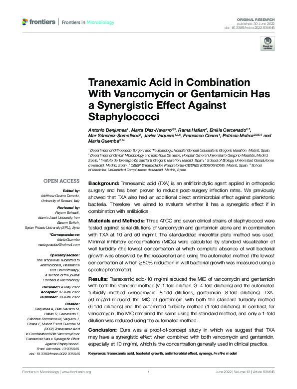 (PDF) Tranexamic Acid in Combination With Vancomycin or Gentamicin Has ...