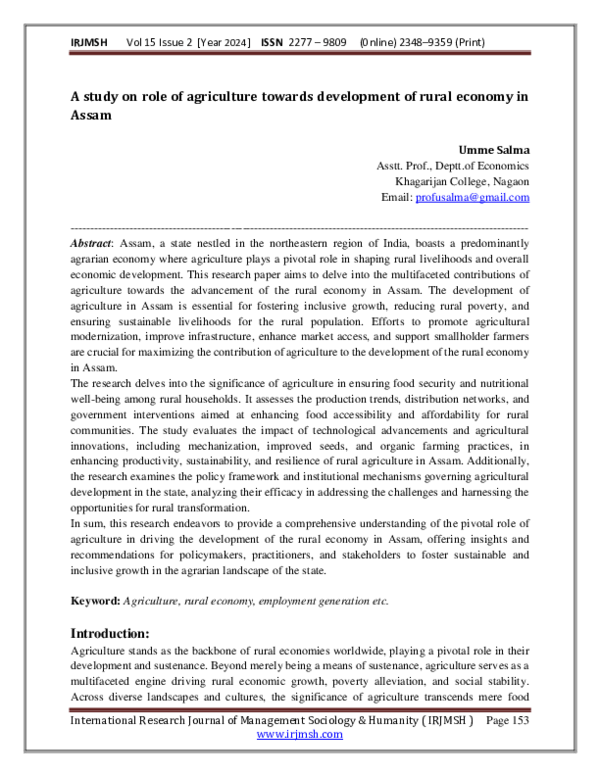 (PDF) A study on role of agriculture towards development of rural ...