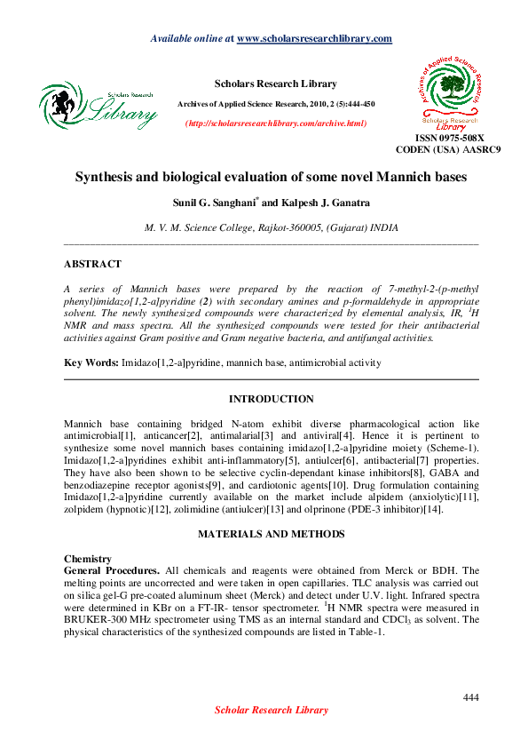 (PDF) Synthesis and biological evaluation of some novel Mannich bases
