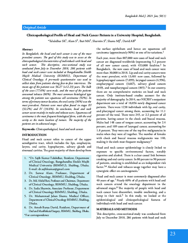 (PDF) Clinicopathological Profile of Head and Neck Cancer Patients in a ...