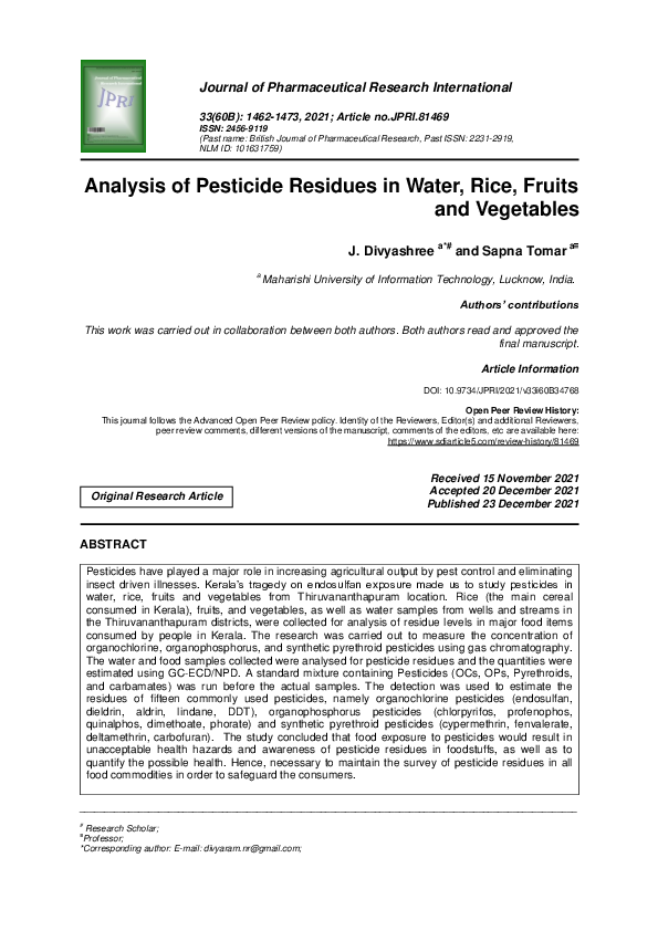 (PDF) Analysis of Pesticide Residues in Water, Rice, Fruits and Vegetables