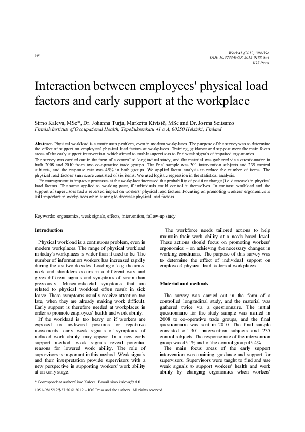 (PDF) Interaction between employees' physical load factors and early ...