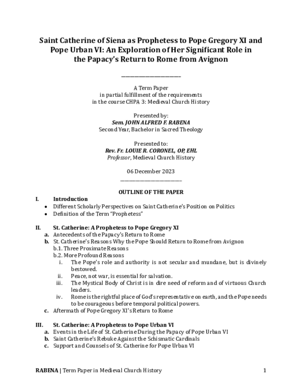 (PDF) Saint Catherine of Siena as Prophetess to Pope Gregory XI and ...