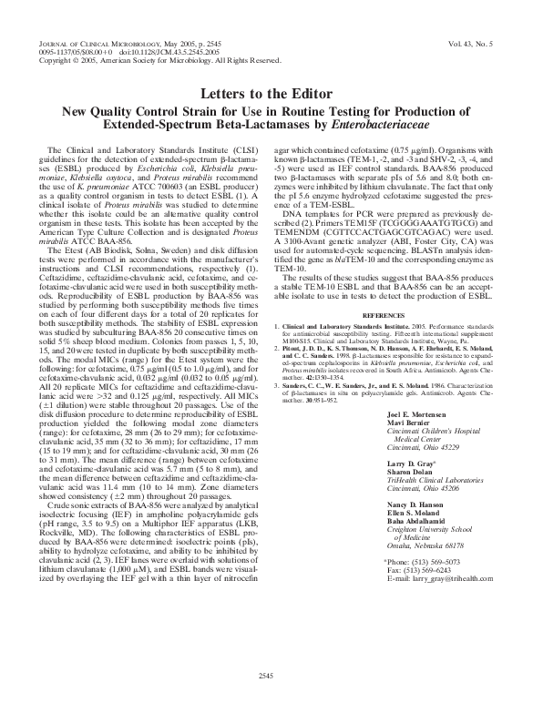 (PDF) New Quality Control Strain for Use in Routine Testing for ...