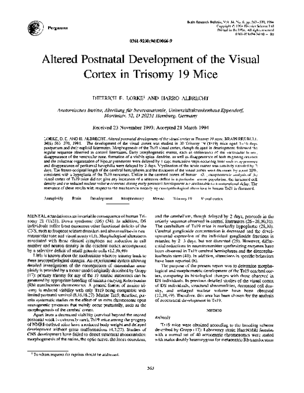 (PDF) Altered postnatal development of the visual cortex in trisomy 19 mice