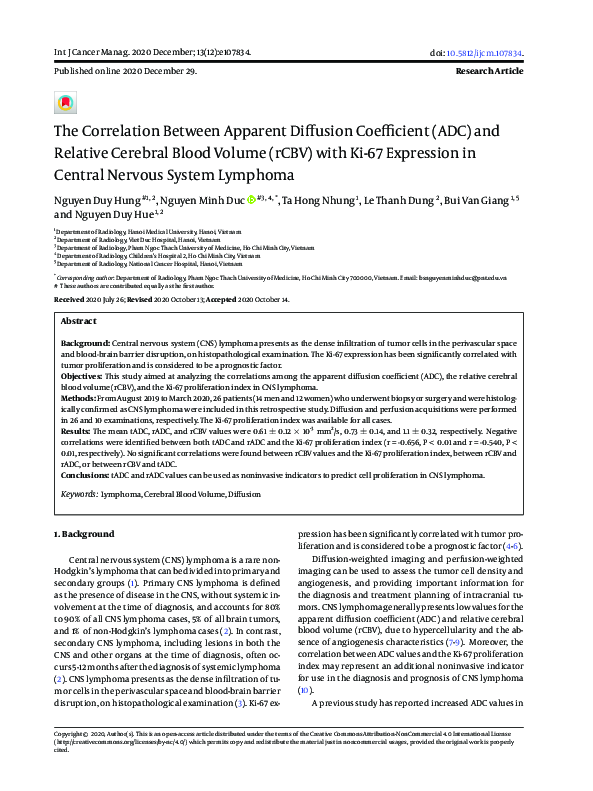 (PDF) The Correlation Between Apparent Diffusion Coefficient (ADC) and ...