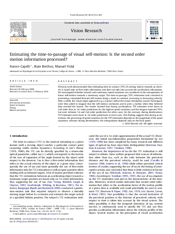 (PDF) Estimating the time-to-passage of visual self-motion: Is the ...